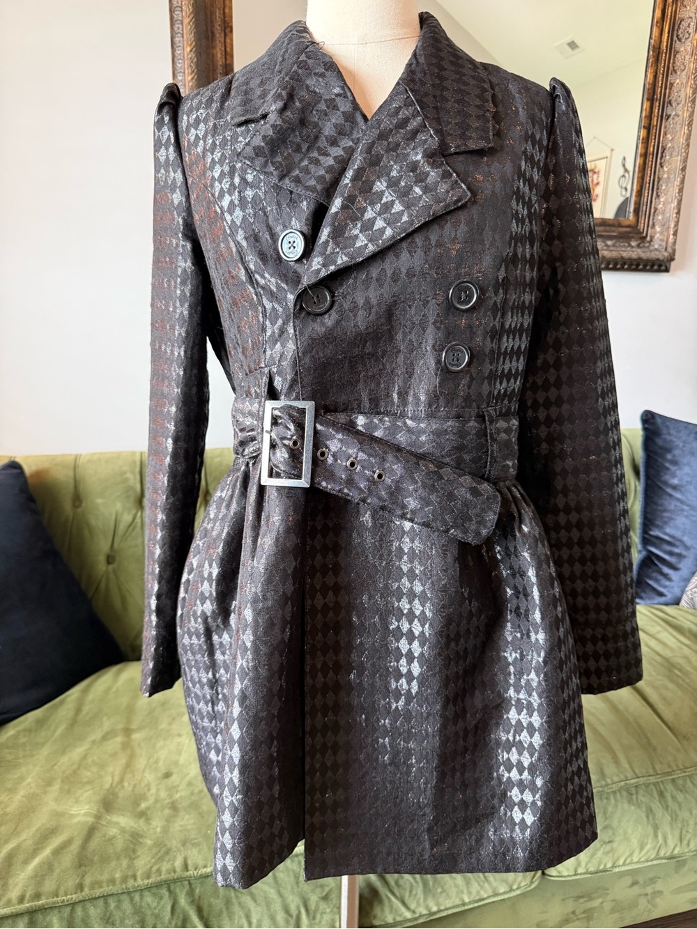 Shimmer Black Diamond-Print Double-Breasted Trench Coat with Belt